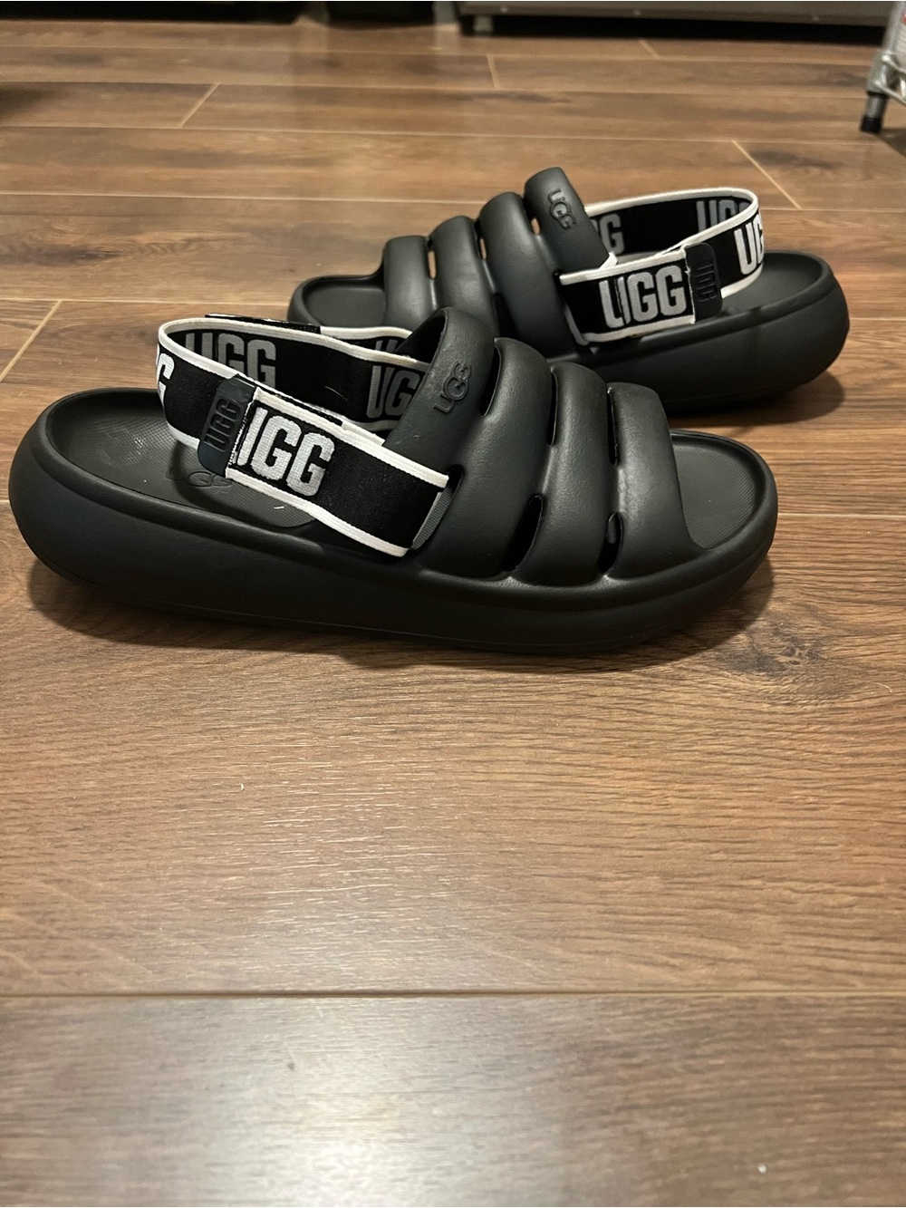 UGG Black Padded Slide Sandals with Logo Heel Strap